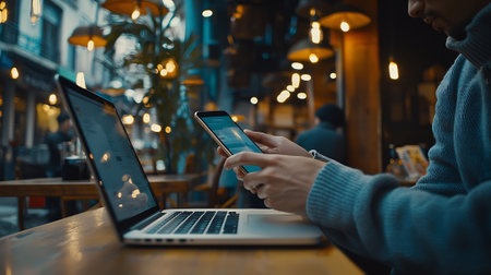 Close up of man using mobile phone and laptop while sitting in cafeの素材