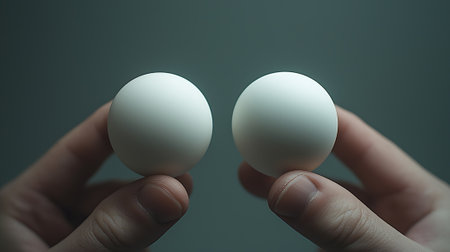Two white eggs in hand on a gray background. Close-up.の素材