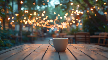 Coffee cup on wooden table in coffee shop with bokeh background.の素材