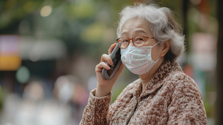 Asian senior woman wearing face mask talking on mobile phone in the city.の素材