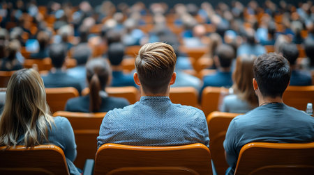 Business and entrepreneurship symposium. Speaker giving a talk at business meeting. Audience in conference hall. Rear view of unrecognized participant in audience.の素材