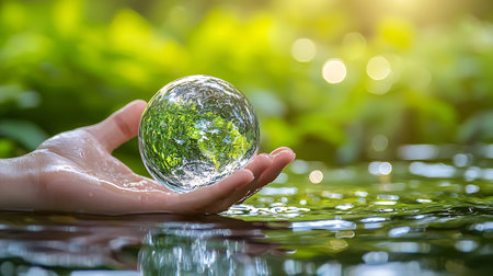 Hand holding glass ball with green leaf on nature background. Ecology conceptの素材