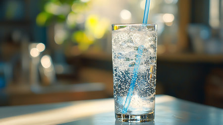 Glass of water with ice cubes on table in cafe, closeupの素材