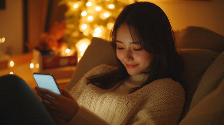 young beautiful and happy Asian Korean woman at home living room sofa couch using internet social media app on mobile phone smiling cheerful in Christmas holidays conceptの素材