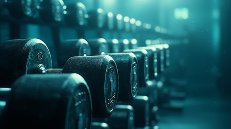 Row of dumbbells in the gym, sport and fitness backgroundの素材
