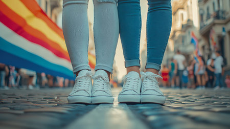 Close up of female legs in white sneakers on the city street.の素材
