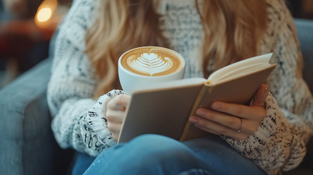 Close-up of a girl in a sweater and jeans is holding a cup of coffee and a book.の素材