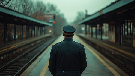 Rear view of a train conductor waiting at the station platform.の素材