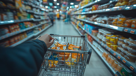 Shopping cart full of food in the supermarket. Selective focus.の素材