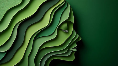 Abstract 3d paper cut human head with shadow on green background.の素材