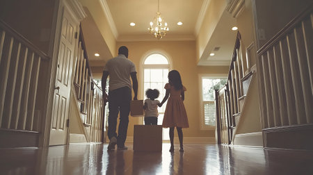 Back view of young African American couple holding box while moving into new homeの素材