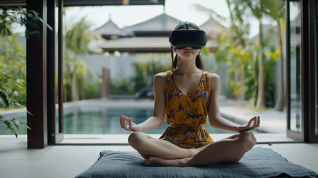Young asian woman wearing vr headset and meditating while sitting in lotus position near swimming poolの素材