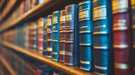 Row of old books on a shelf in a library. Selective focusの素材