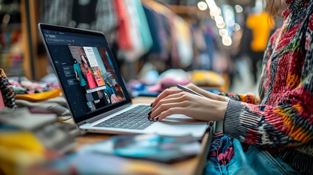 Woman using laptop for online shopping at home. Online shopping concept.の素材