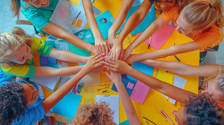 High angle view of multiethnic students stacking hands on table in classroomの素材