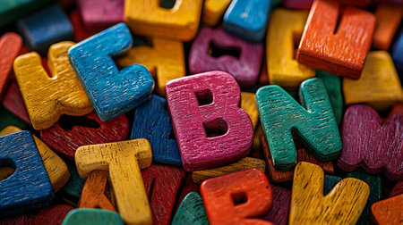 Colorful wooden letters of English alphabet, close-up, selective focusの素材