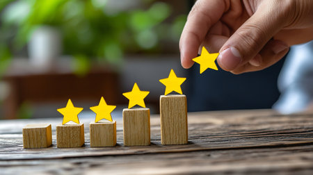 Businessman's hand points to five stars on wooden background. Increase rating or ranking concept.の素材
