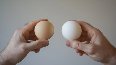 Two eggs in the hands of a man on a gray background.の素材