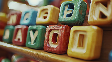 Wooden toy cubes with letters on the shelf in the store.の素材