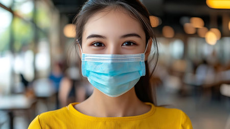 Young asian woman wearing face mask for protect from corona virus in cafeの素材