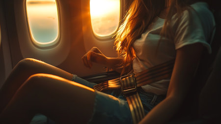 Young woman traveling by airplane, she is sitting on the seat and looking at the sunsetの素材