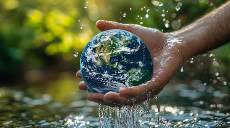 Human hand holding Earth globe in water, save the earth concept.の素材
