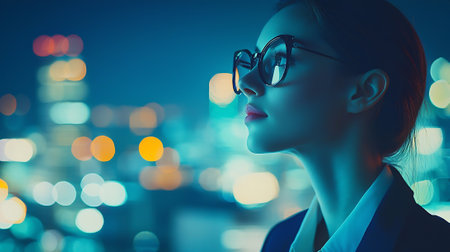 Portrait of a beautiful young business woman in glasses against night city backgroundの素材