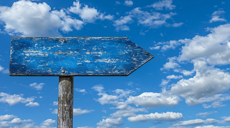 Blank wooden signpost with blue sky and white clouds on backgroundの素材