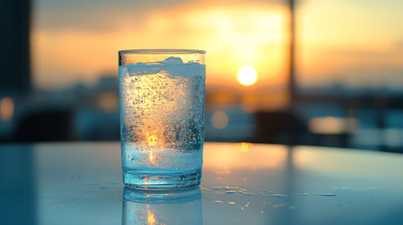 Glass of water with ice cubes on the table with sunset background.の素材
