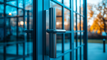 Close-up of the door handle of an office building with a blurred backgroundの素材