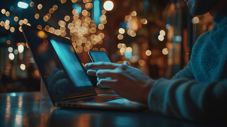 Hands of man using mobile smart phone and laptop computer in cafe at nightの素材