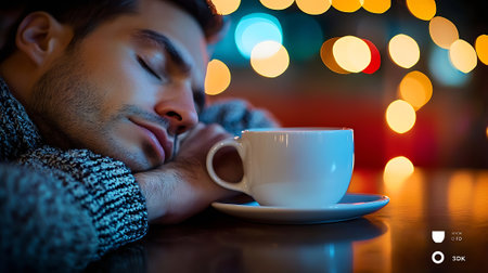 man sleeping with cup of coffee in cafe at christmas or new year eveの素材
