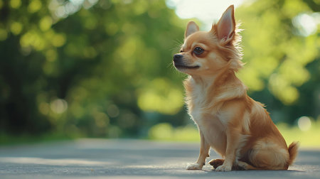 Cute chihuahua dog sitting on the road in the parkの素材