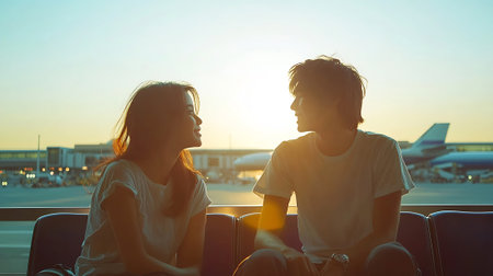 Young Asian couple sitting on the sofa in the airport at sunset.の素材