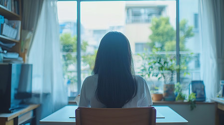 back view of young businesswoman sitting at desk in office looking out the windowの素材