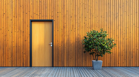 3d rendering of a wooden door and a plant in a potの素材