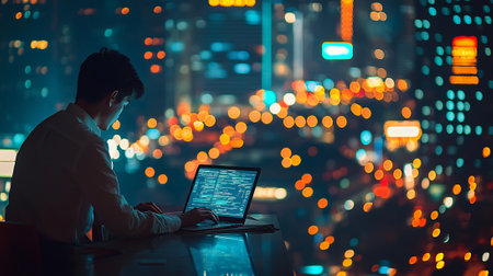 Businessman working on laptop in night city. Business and technology concept.の素材