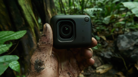Man's hand holding a camera in the rainforest of Costa Ricaの素材