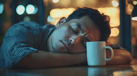 young asian man sleeping on the table with a cup of coffeeの素材