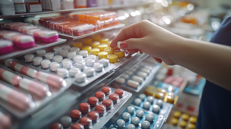 Close up of female hand choosing pills in drugstore. Focus on foregroundの素材