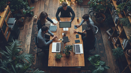 Top view of group of business people working together in the office.の素材