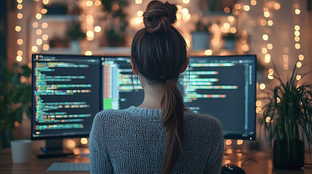 Back view of female programmer working on desktop computer while sitting at desk in officeの素材