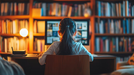 Back view of young woman sitting in library and looking at bookshelfの素材