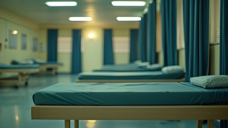 Interior of a hospital ward with empty beds and blurred background.の素材