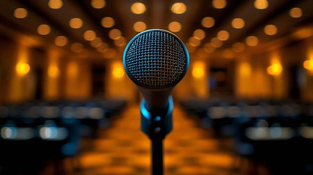 Microphone in conference hall or seminar room with bokeh backgroundの素材