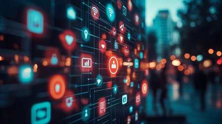 Digital background image with media user interface against blurry city street at nightの素材