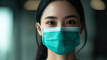 close up portrait of asian woman wearing surgical mask and looking at cameraの素材