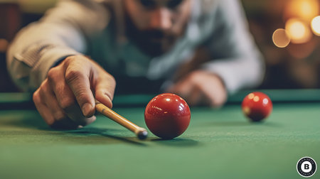 young pro billiard player finding best solution and right angle at billard or snooker pool sport gameの素材