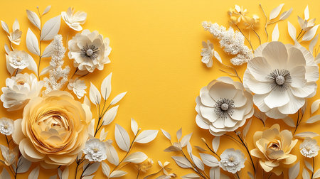 Creative layout made of white flowers on yellow background. Flat lay, top view, copy space.の素材