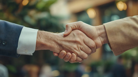 Close up of two businessmen shaking hands in a cafe. Business people greeting each other.の素材